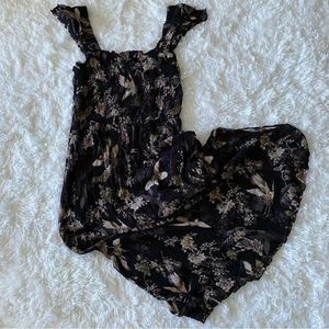 All Saints Black Floral Print Midi Dress with Ruffle Cap Sleeves Size 8